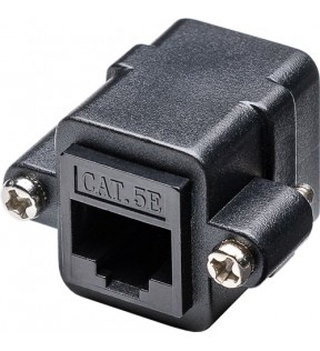 RJ45 mounting adapter with mounting flange, CAT 5e, CAT 5e, black - 2x RJ45 female (8P8C)