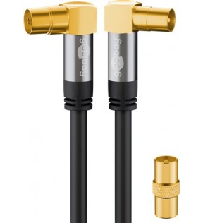 Goobay TV antenna cable (135 dB), 4x shielded, 10 m, black, Plastic bag - gold plated, Coaxial female 90° > Coaxial 