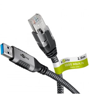 Goobay USB-A to RJ45 Ethernet Cable, 2 m, black-silver, Dust protection Bag - connects the router, modem or network swit