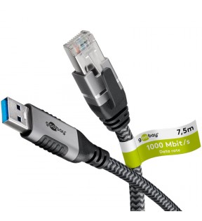 Goobay USB-A to RJ45 Ethernet Cable, 7.5 m, black-silver, Dust protection Bag - connects the router, modem or network sw