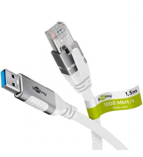 Goobay USB-A 3.0 to RJ45 Ethernet Cable, white, Plastic bag - connects router, modem or network switch to USB-A port of 