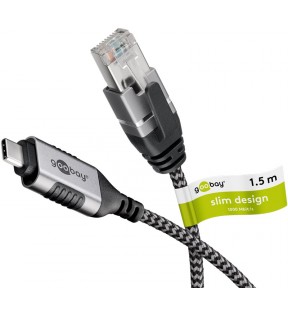 Goobay USB-C™ 3.1 to RJ45 Ethernet Cable, Slim, 1.5 m, black, Plastic bag - connects router, modem or network switch t